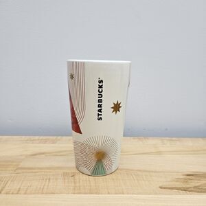 Starbucks Holiday Christmas Ceramic Tumbler Mug Cup Tree and Stars 12 oz Gold